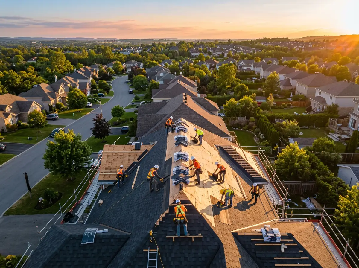 Chantier de toiture vu du ciel au coucher du soleil