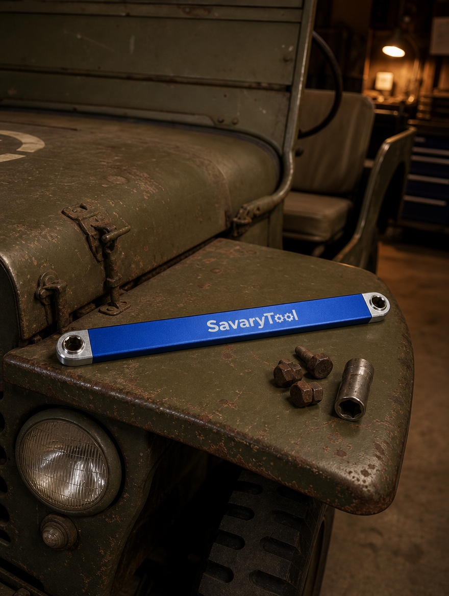 The SavaryTool offset extension wrench on the jeep fender