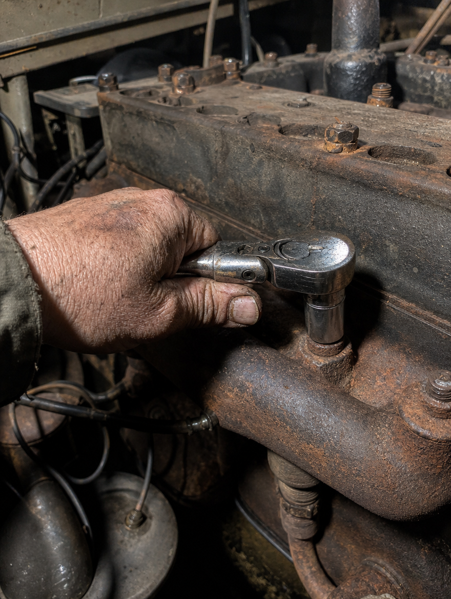 A rusted, rounding manifold bolt