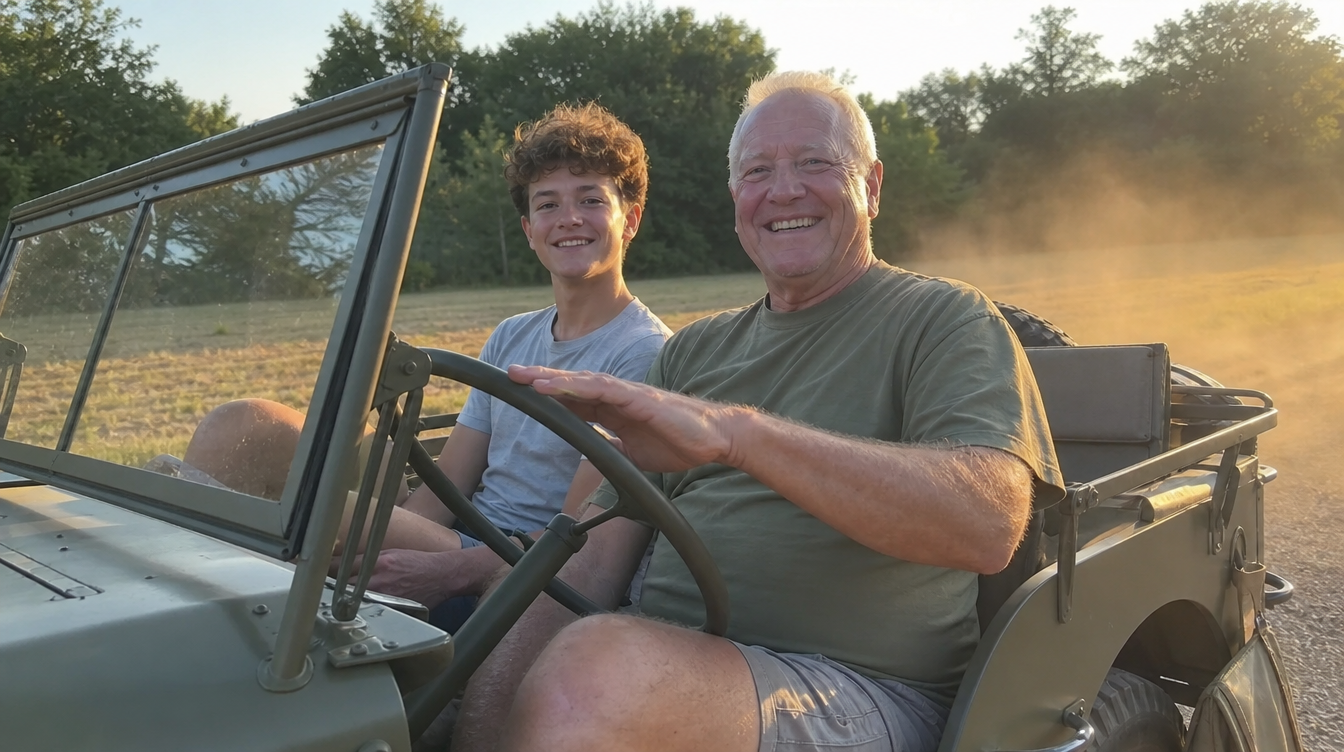 The restored jeep running, grandfather and grandson