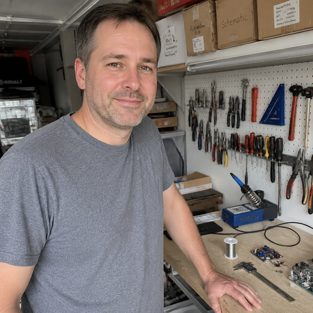 Evan, founder of Wild Ward, in his garage workshop