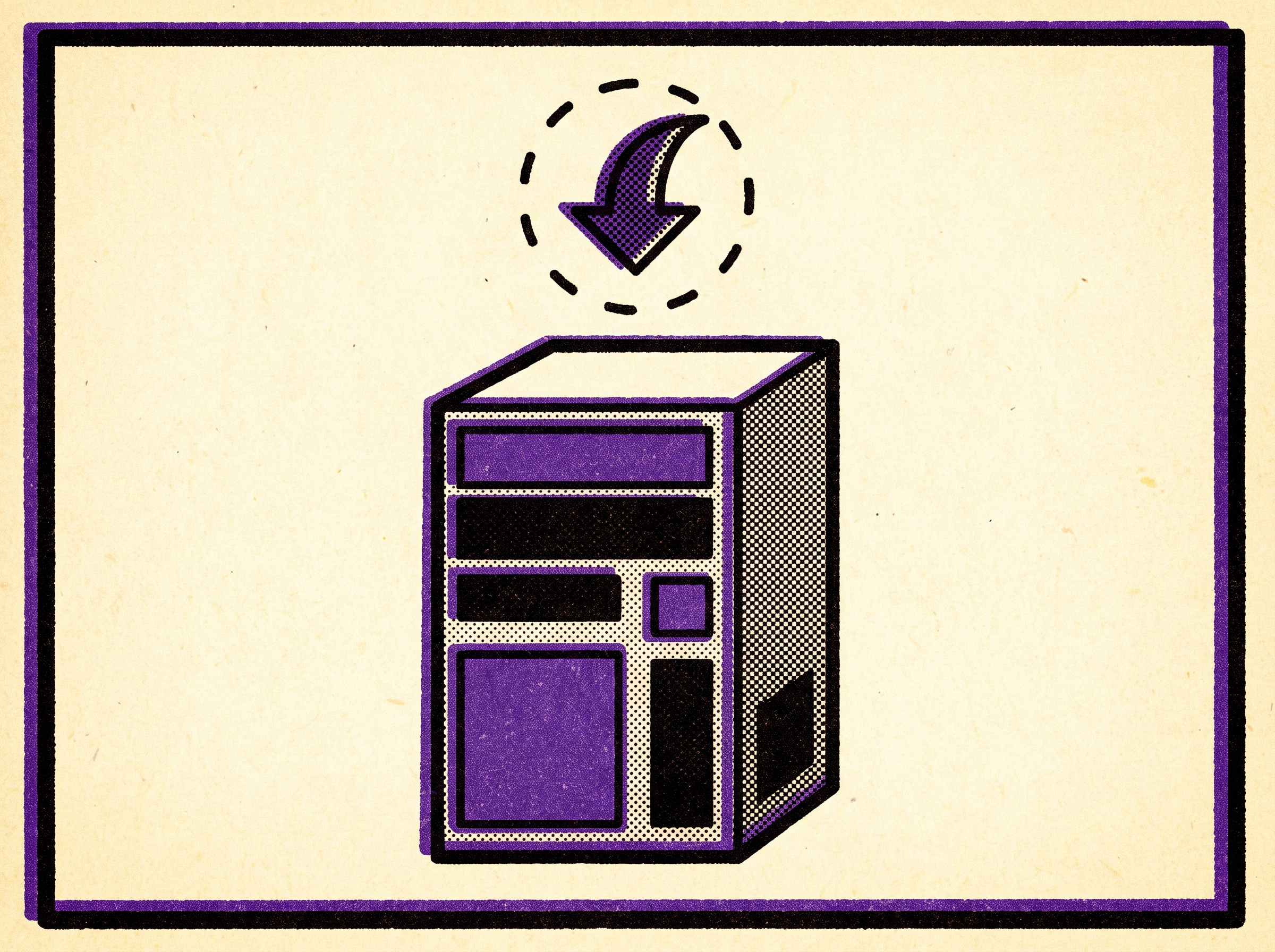 Retro illustration of a computer tower with a rollback arrow icon above it