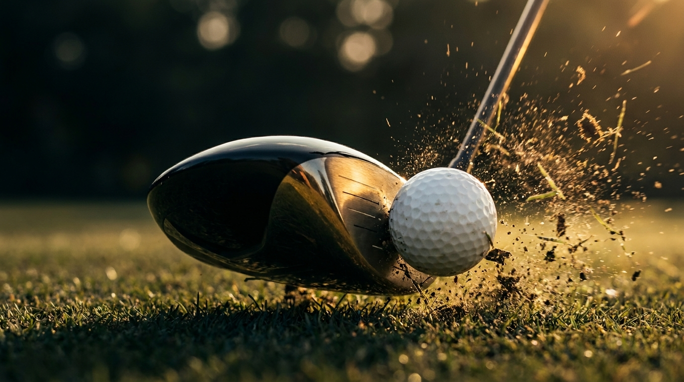 Golf club striking ball with dramatic lighting