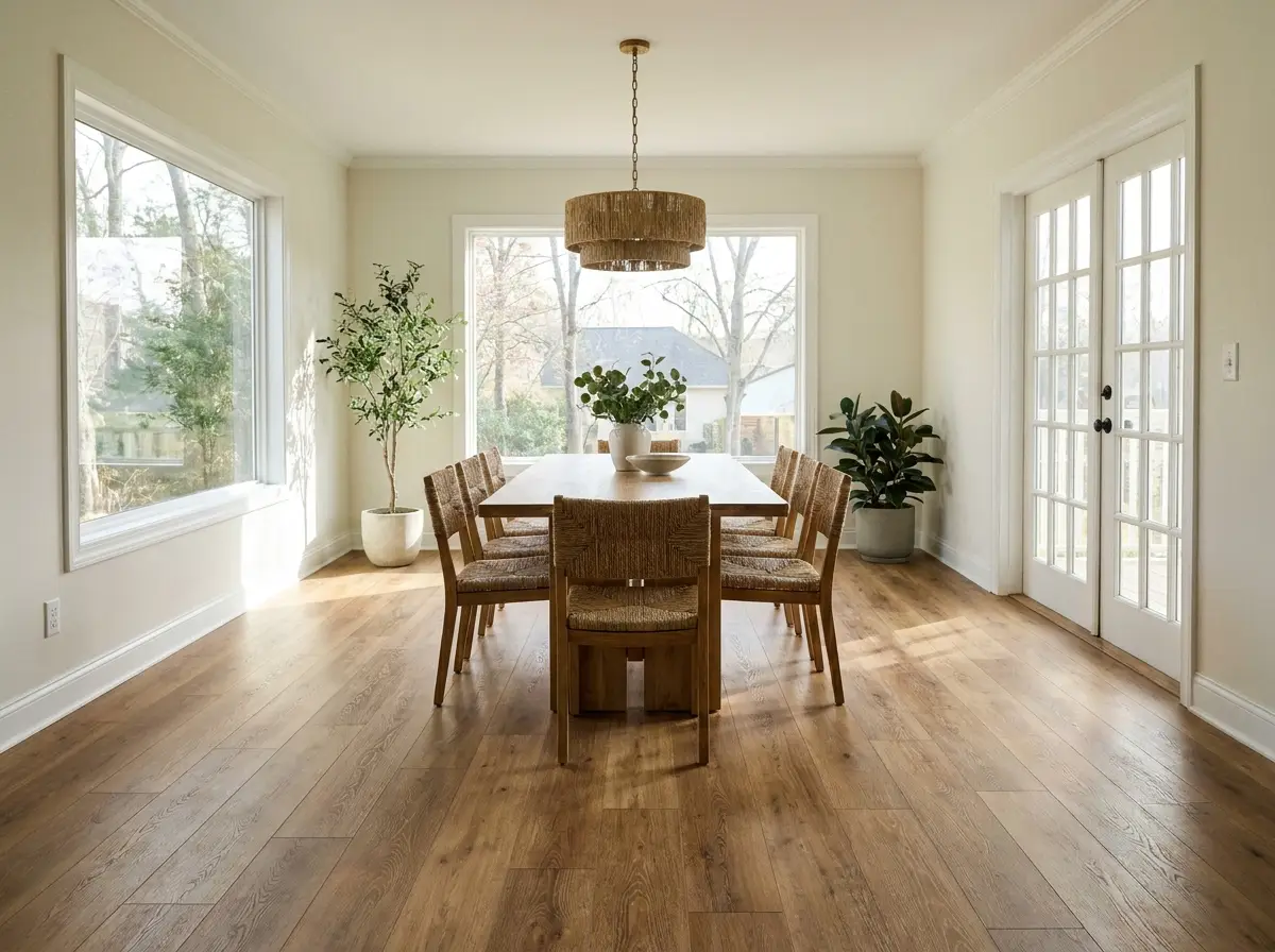 Laminate flooring in a bright, airy dining room