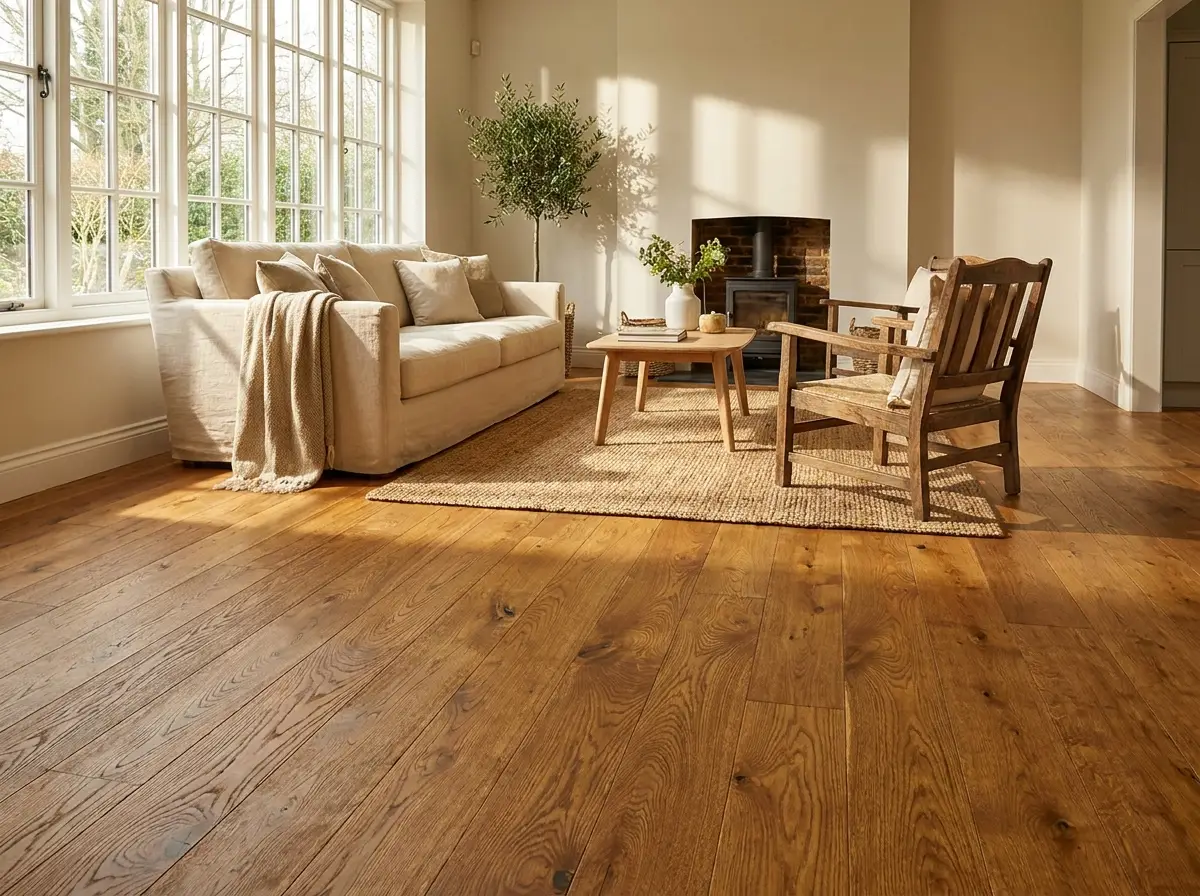Classic hardwood floors in a warm, sunlit interior