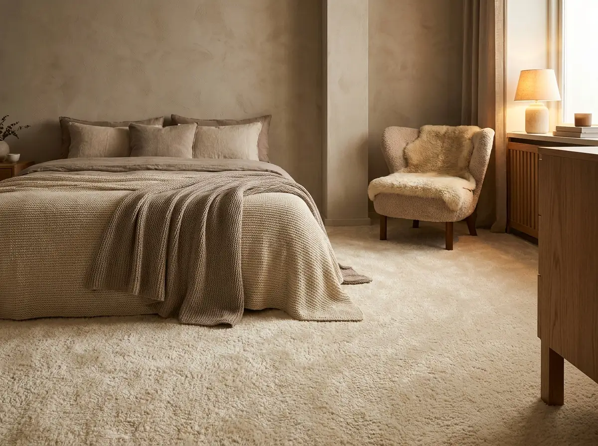 Soft carpet flooring in a cozy, well-lit bedroom