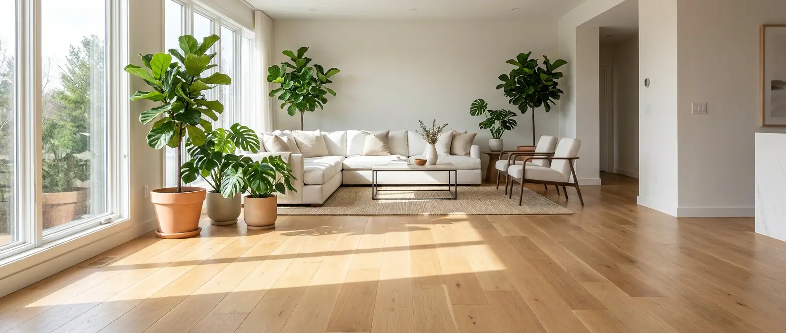 Bright modern living room with hardwood floors, tropical plants, and natural light