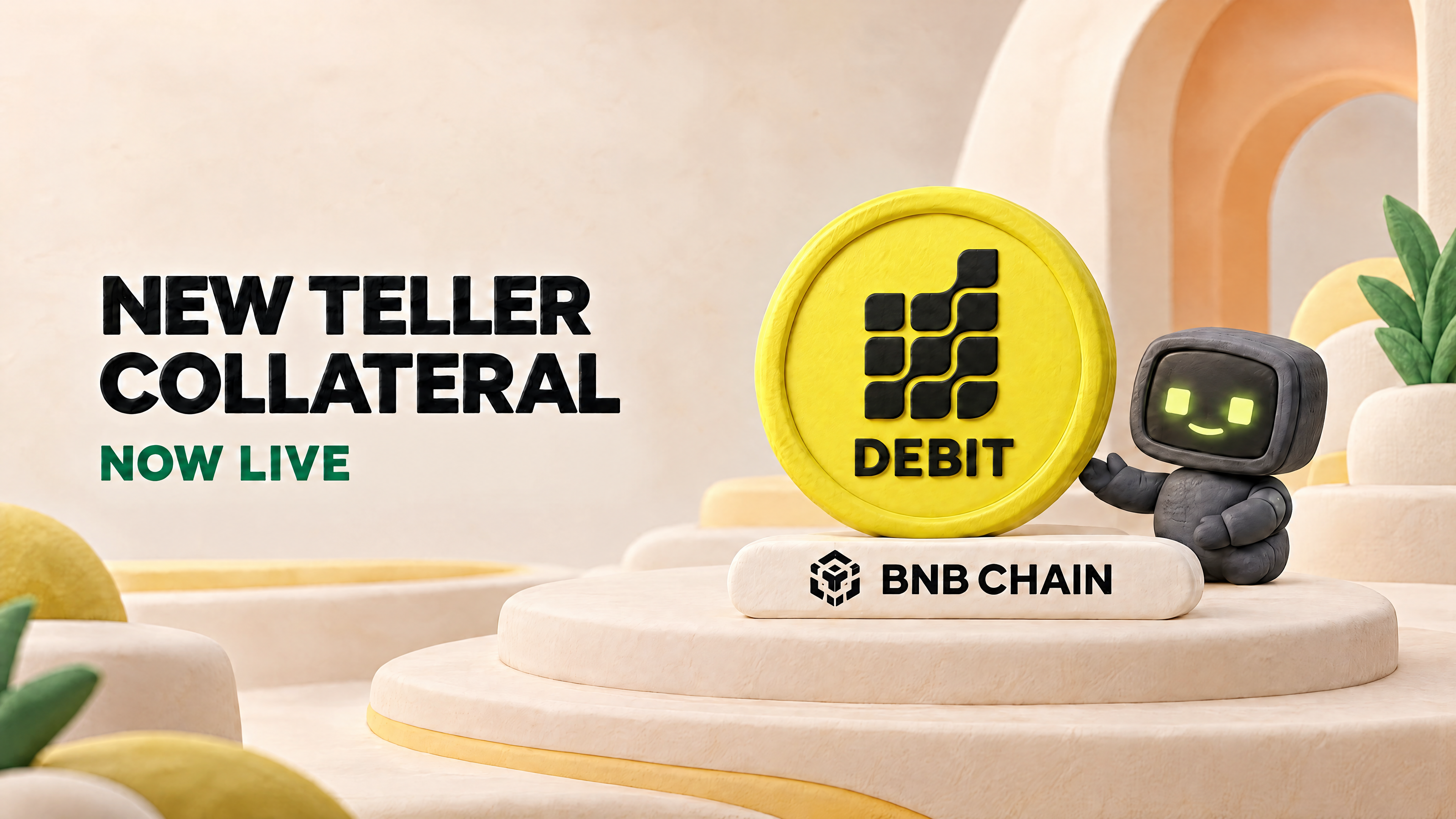 New Teller collateral: DEBIT on BNB Chain, with the Debit AI robot and yellow DEBIT token in a clay landscape