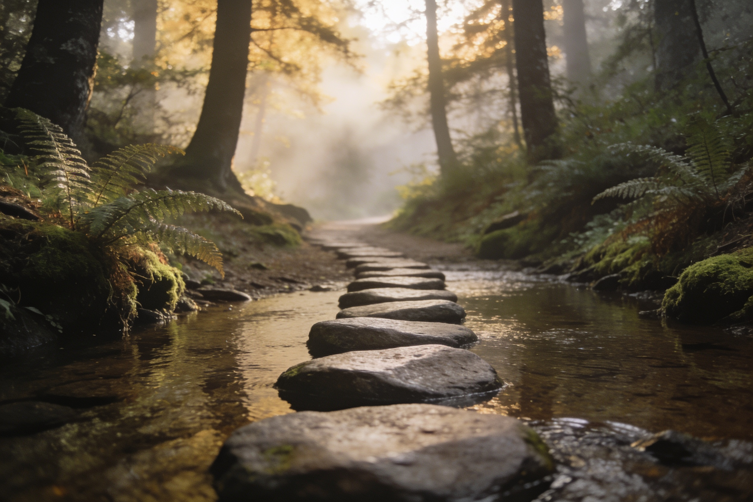 Trittsteine über einen ruhigen Bach – Schritt für Schritt