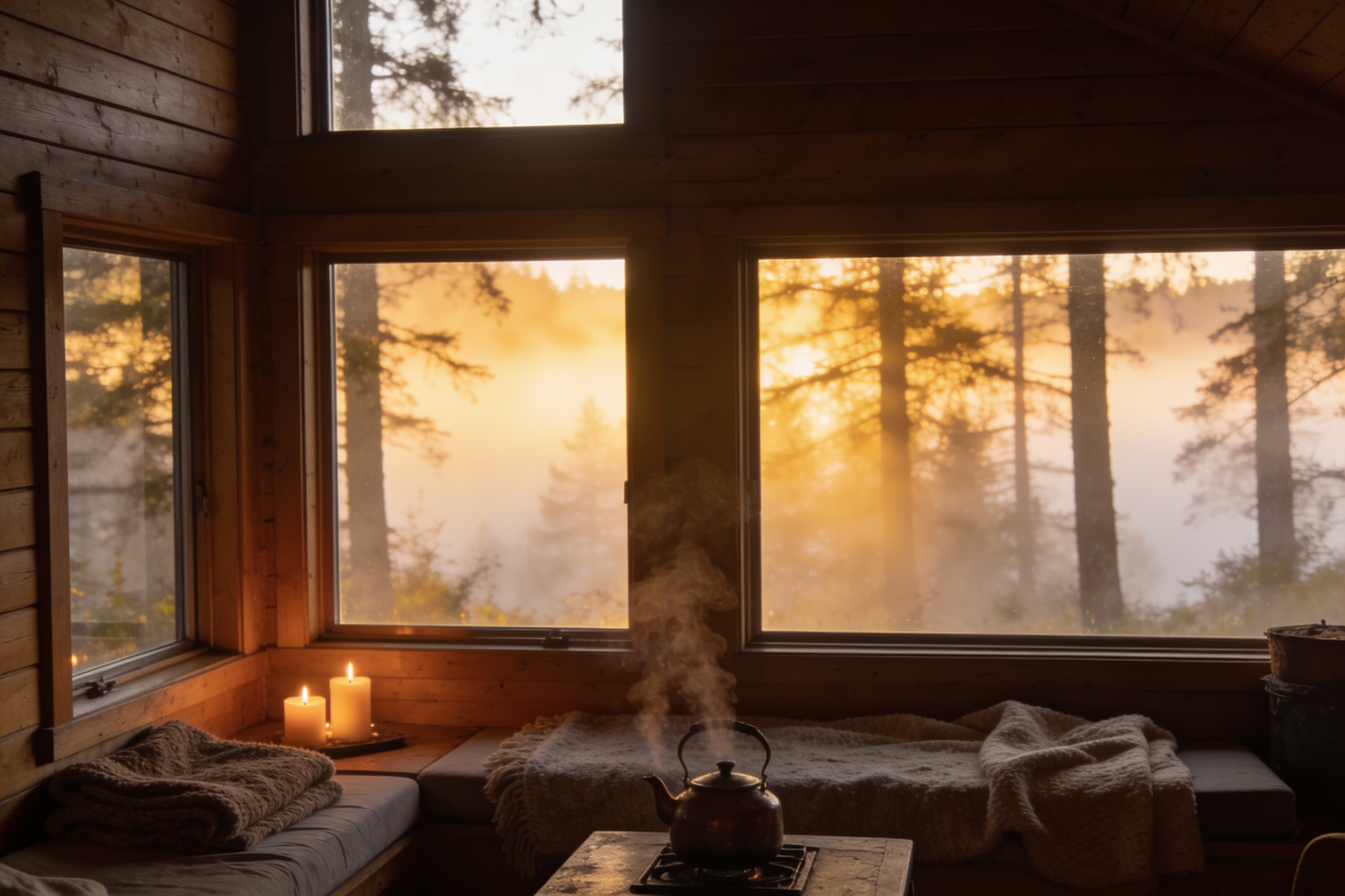 Retreat-Raum mit Blick in den nebligen Wald