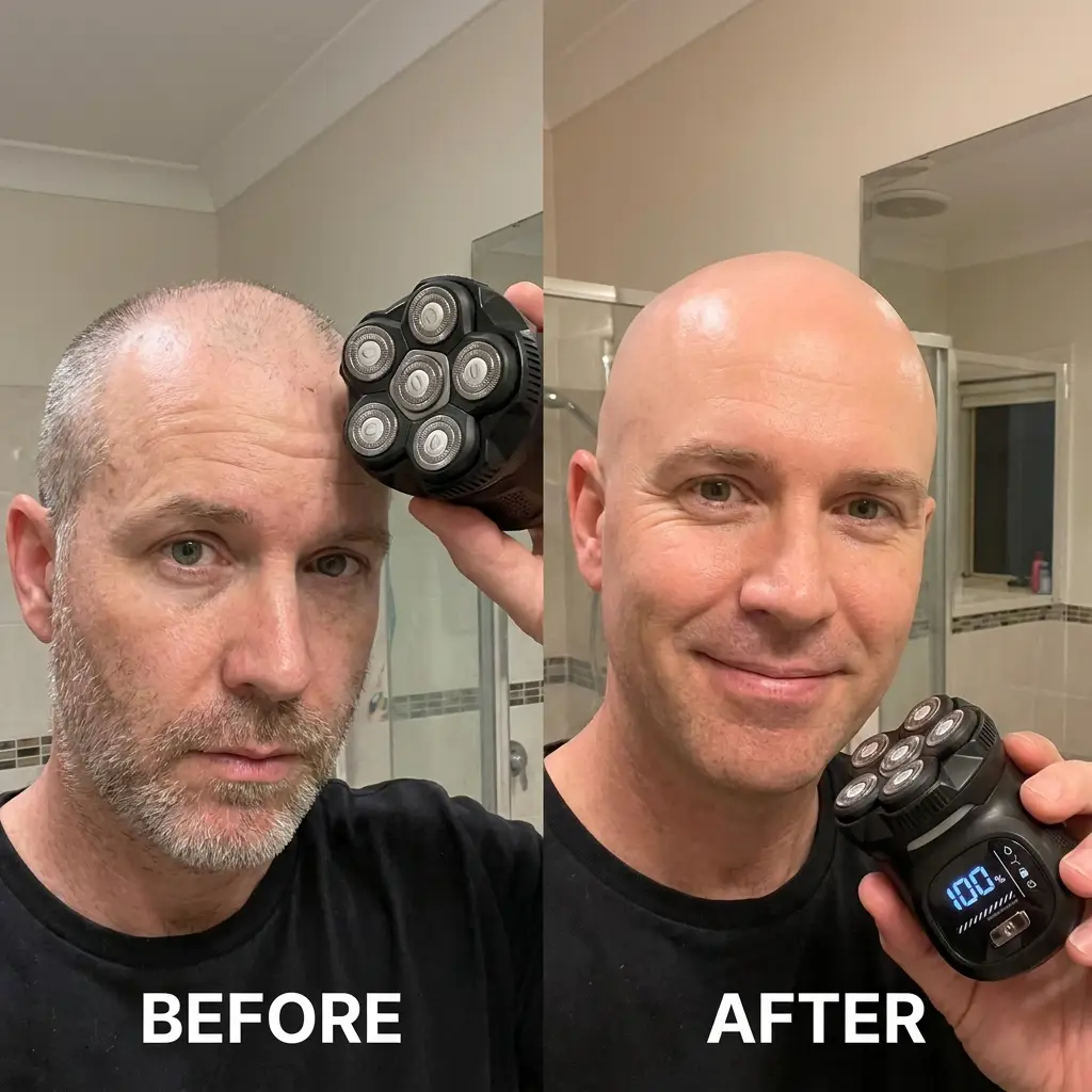 Before and after head shave result