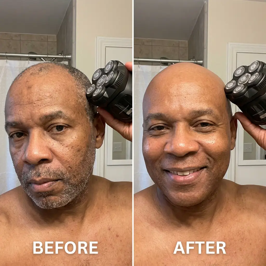 Before and after head shave result