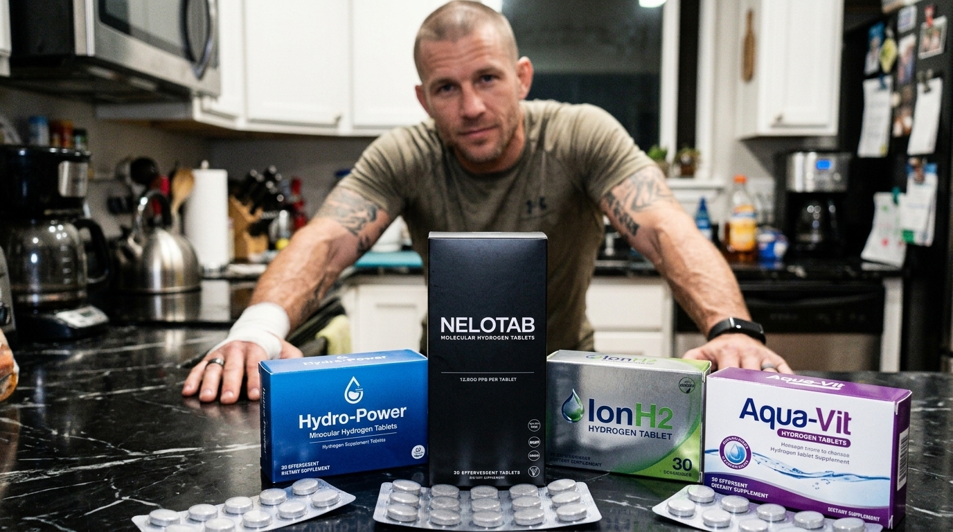Hydrogen tablet brands lined up on a kitchen counter for comparison