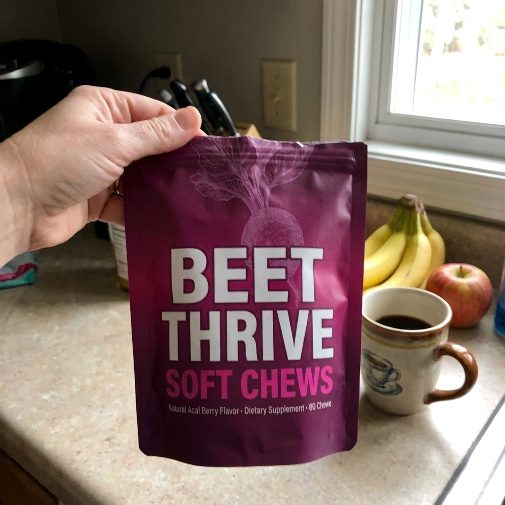 Holding the BeetThrive pouch in the kitchen