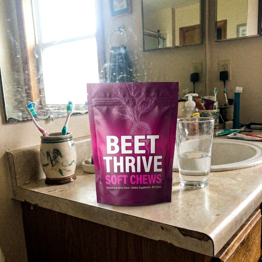 BeetThrive pouch on the bathroom counter next to a glass of water