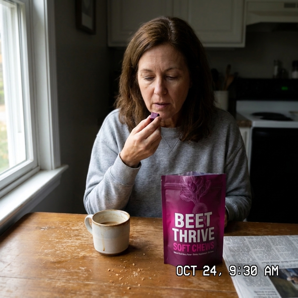 Eating a BeetThrive chew at the kitchen table