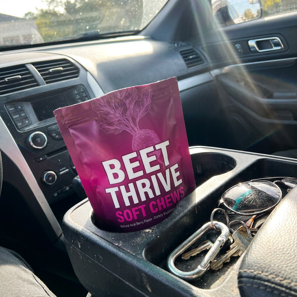 BeetThrive pouch in the car cup holder