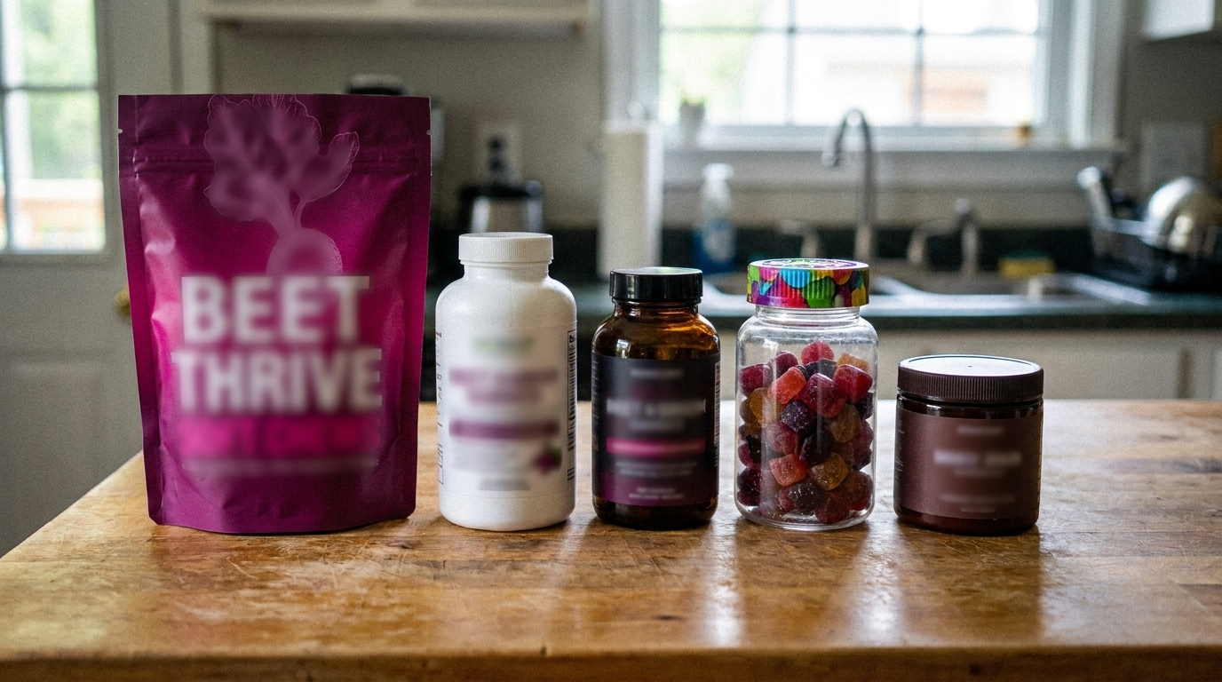 Five different beetroot chew and supplement packages lined up on a kitchen counter