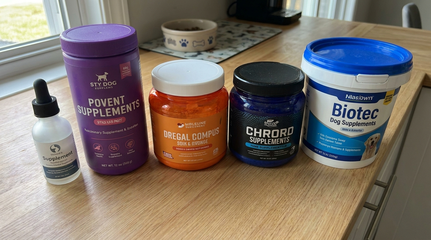 Five different dog multivitamin products lined up on a kitchen counter