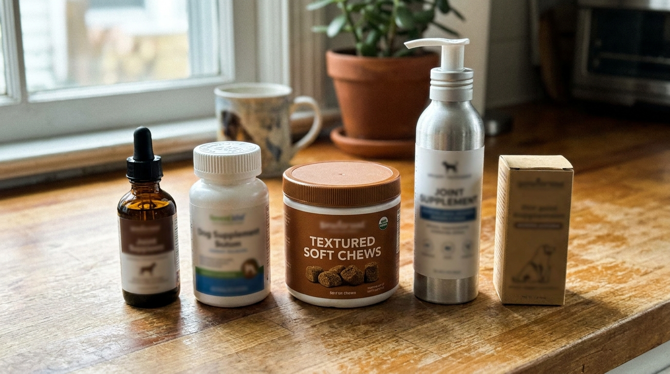 Five different dog hip and joint supplements lined up on a kitchen counter