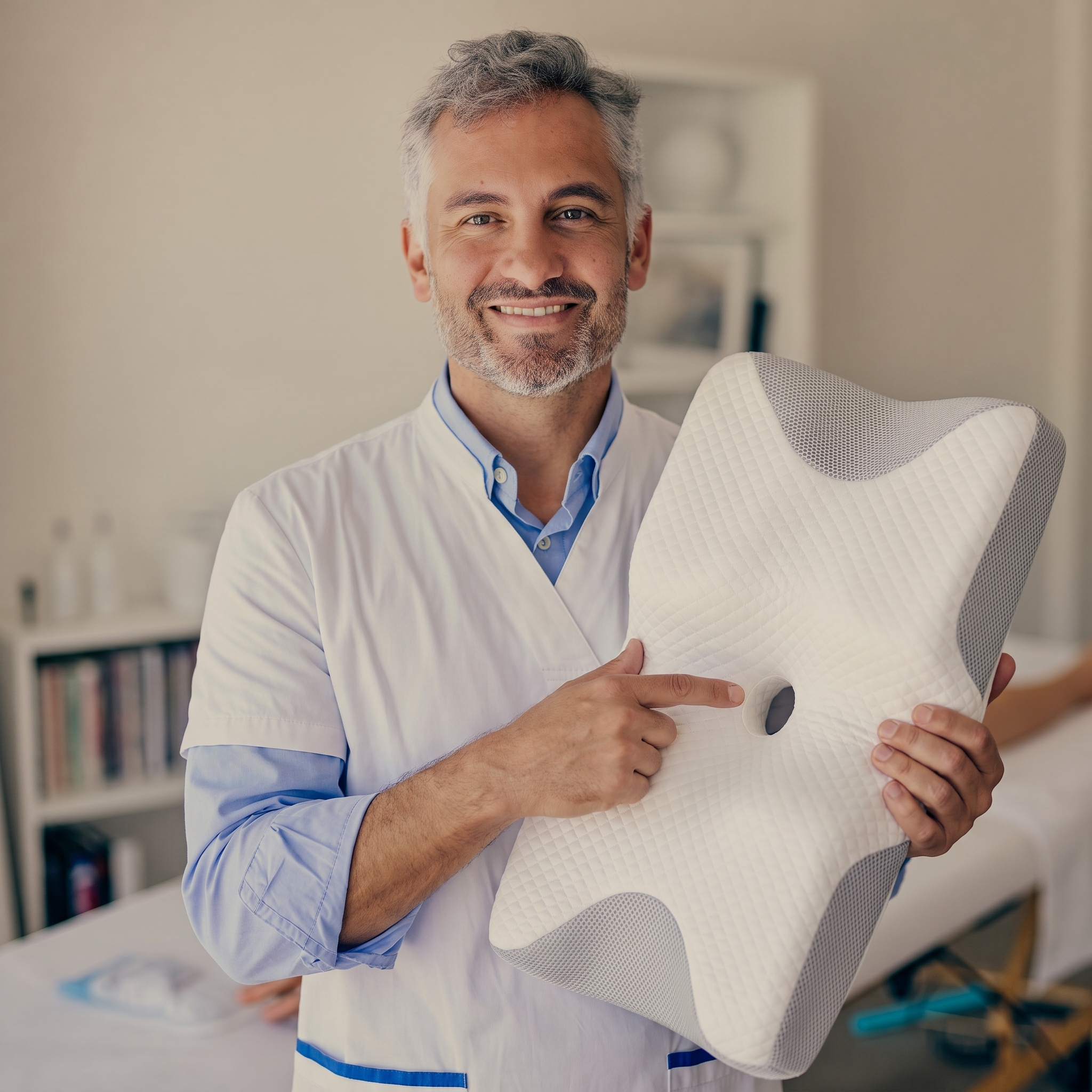 Chiropractor holding the NOLI Neck Therapy Pillow