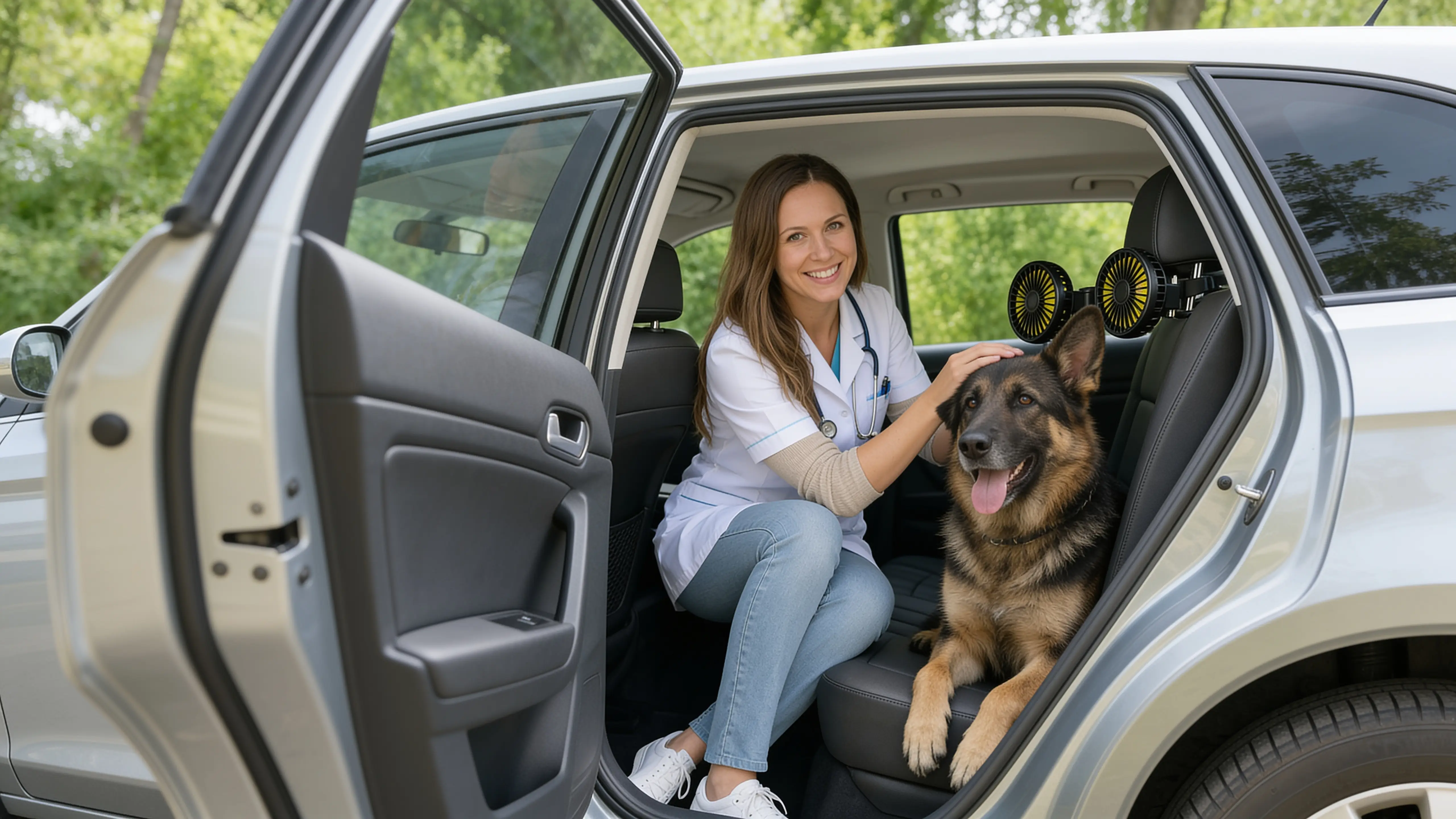 Hund im Auto wird mit FreshDoggy sanft gekühlt