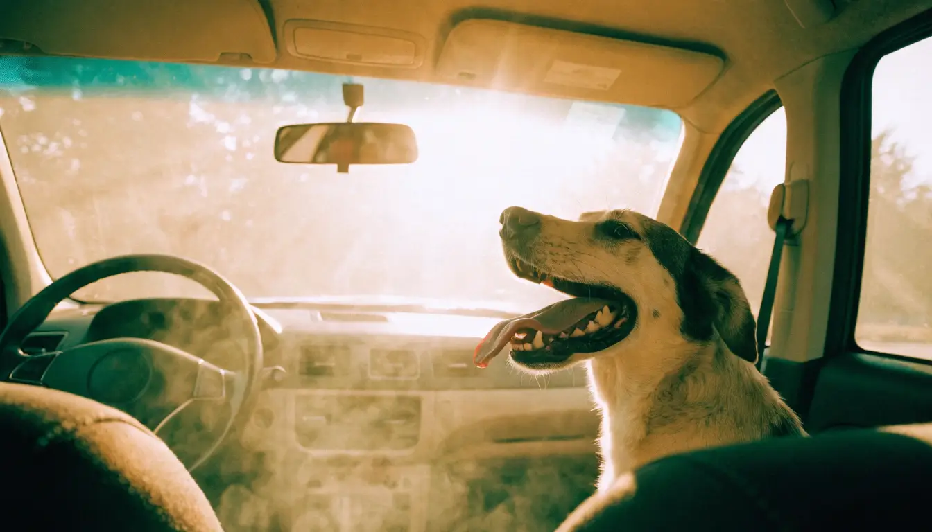 Hund im aufgeheizten Auto bei praller Sonne durchs Fenster