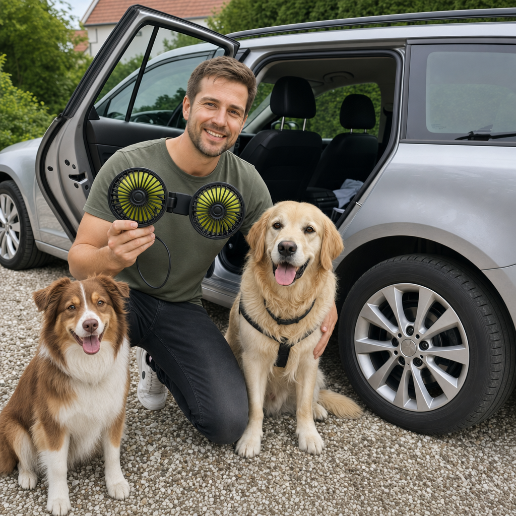 Dog trainer with FreshDoggy and two dogs at the car