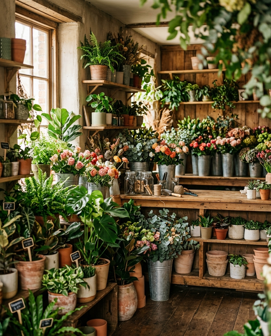 Sfeervol interieur van Wout's Bloemenshop met verse boeketten en groene planten