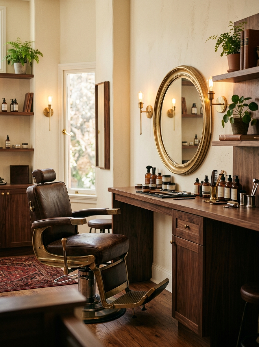 Warm interieur van De Luxe Kapper met vintage barberstoel en spiegel