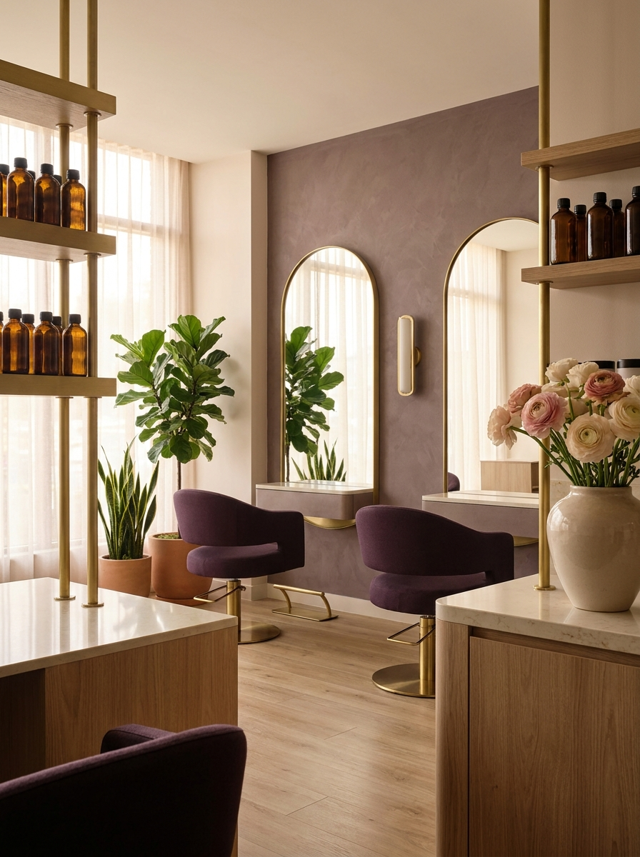Sfeervol, net vernieuwd interieur van Allurage Haarmode met plum stoelen, ronde spiegels en warm licht
