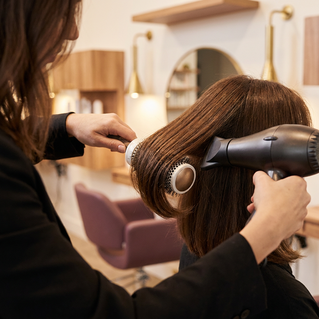 Kapster aan het werk met een föhn en ronde borstel bij Allurage Haarmode
