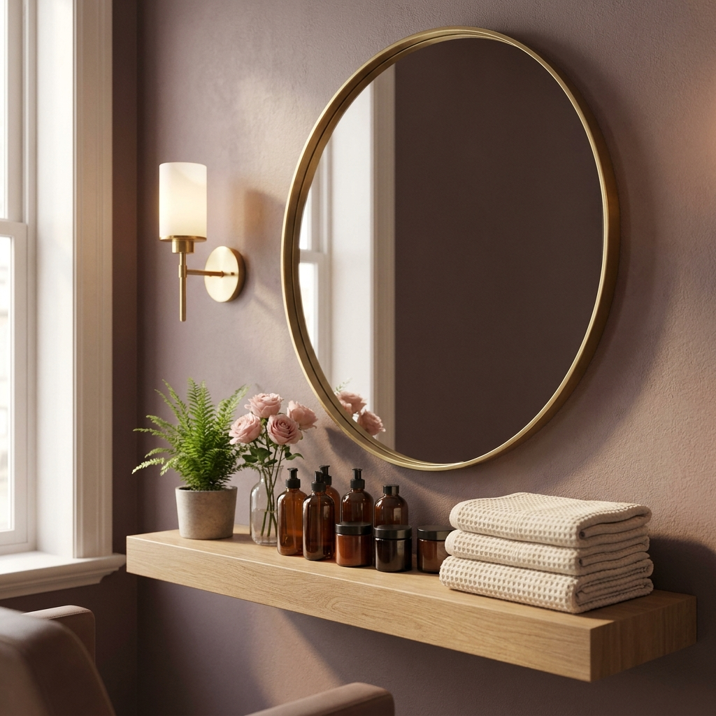 Sfeervolle hoek in de salon met ronde spiegel en verse bloemen