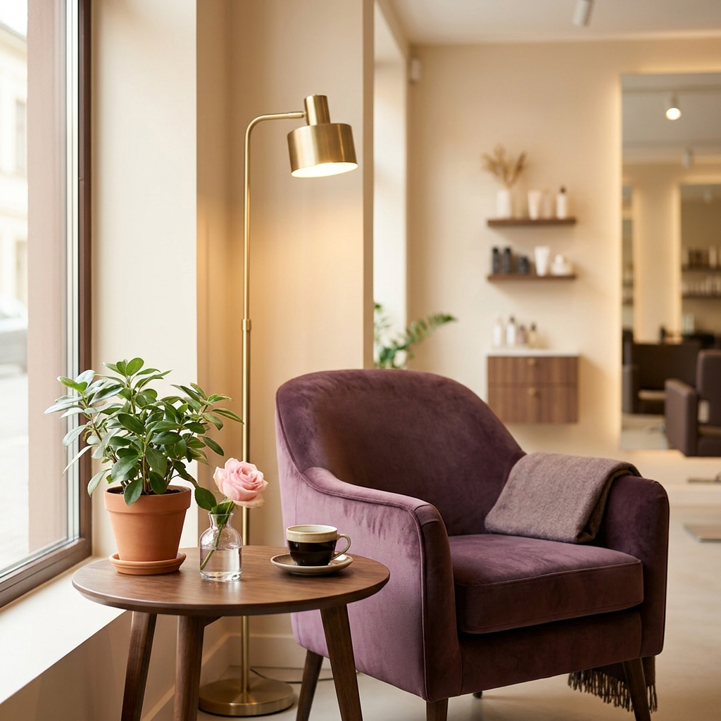 Gezellige zithoek met plum fauteuil en een kopje koffie