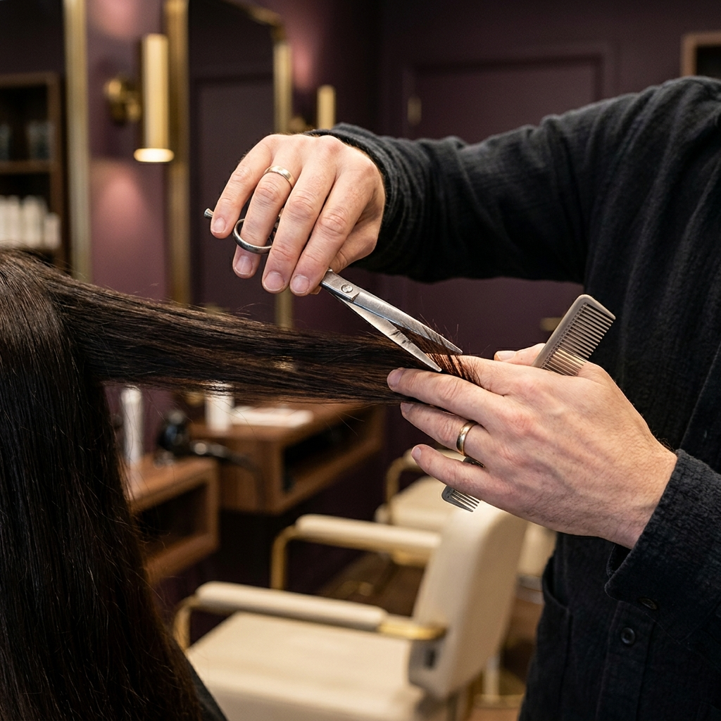 Kapster knipt gezond haar met schaar en kam