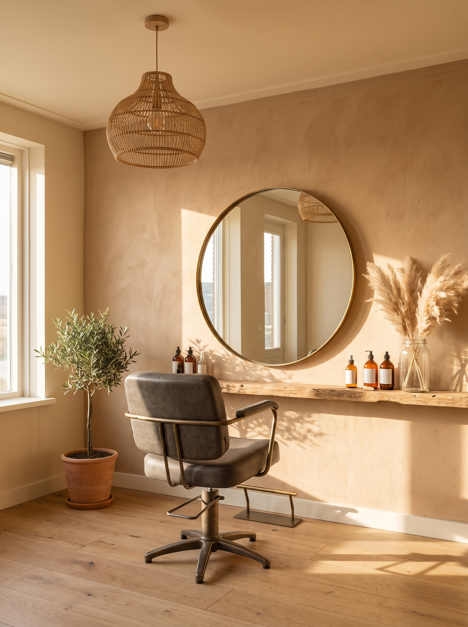 Warm interieur van Kapsalon TREND met vintage styling stoel en ronde spiegel
