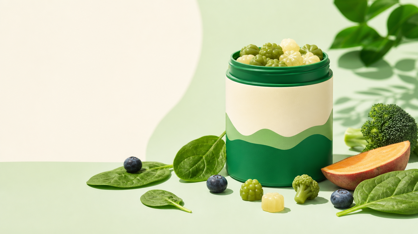 Lil' Sprouts daily greens gummies for kids on a mint and cream background
