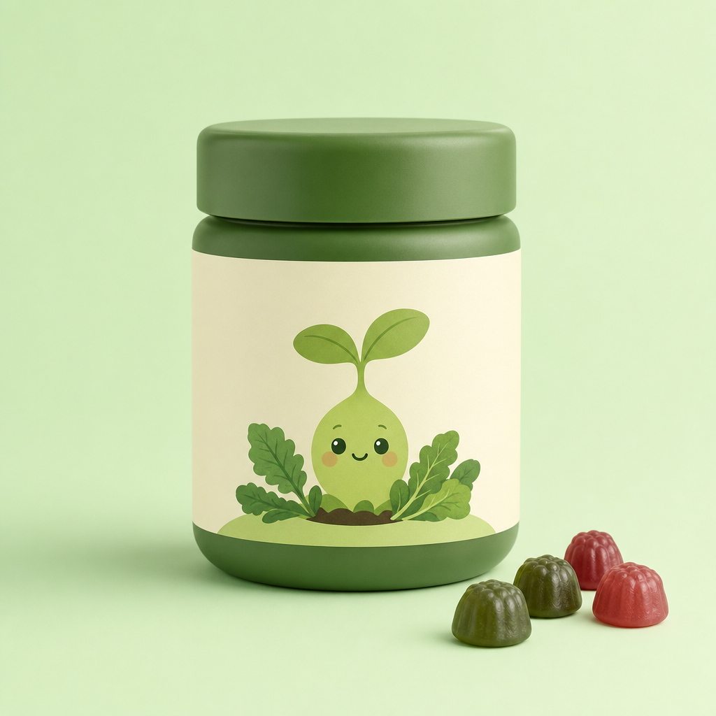 A jar of Lil' Sprouts kids greens gummies on a mint background