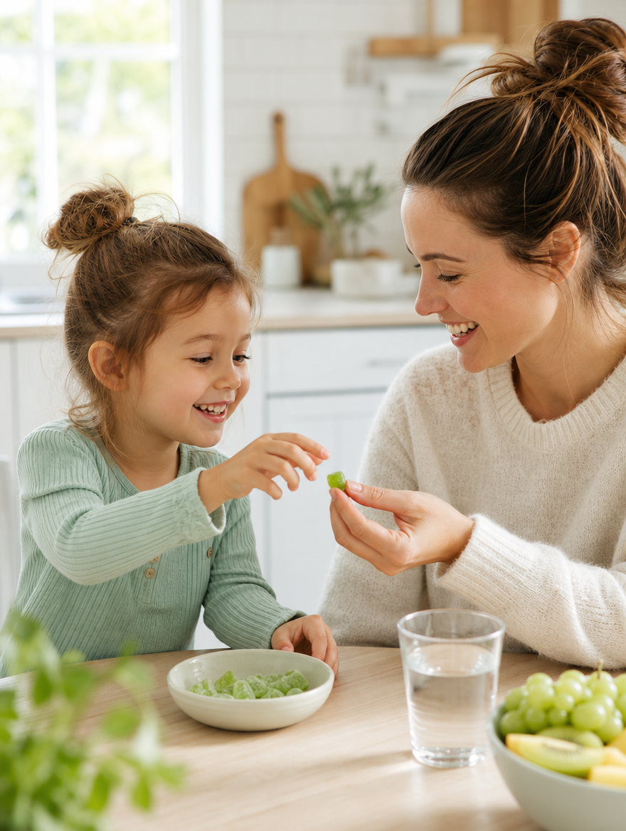 A child reaching for a green gummy from a parent's hand at a bright kitchen table