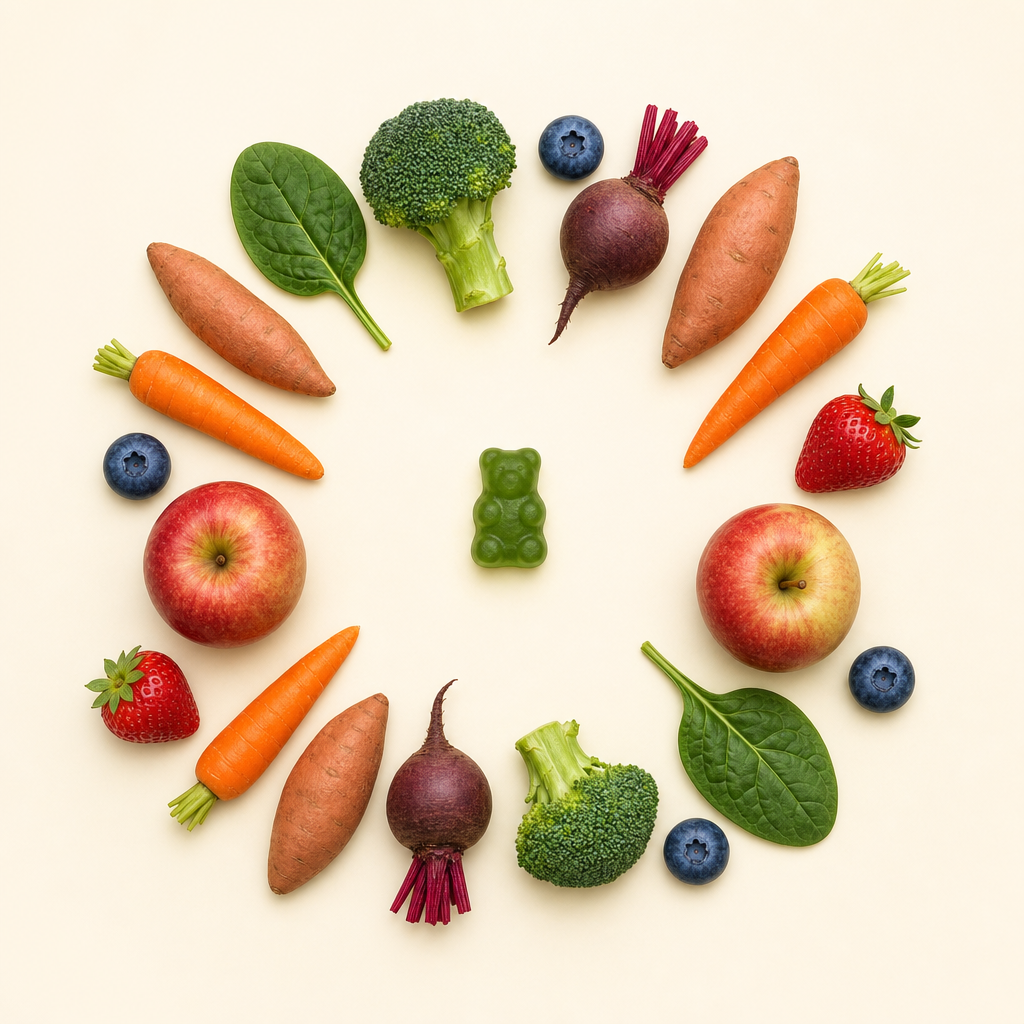 24 fruits and vegetables arranged in a circle around one green gummy