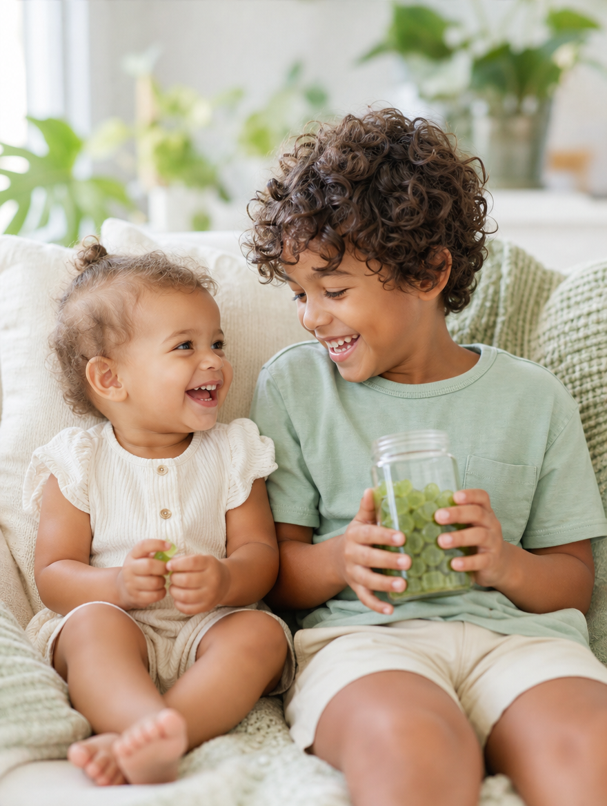 Two happy siblings on a couch holding a jar of Lil' Sprouts gummies