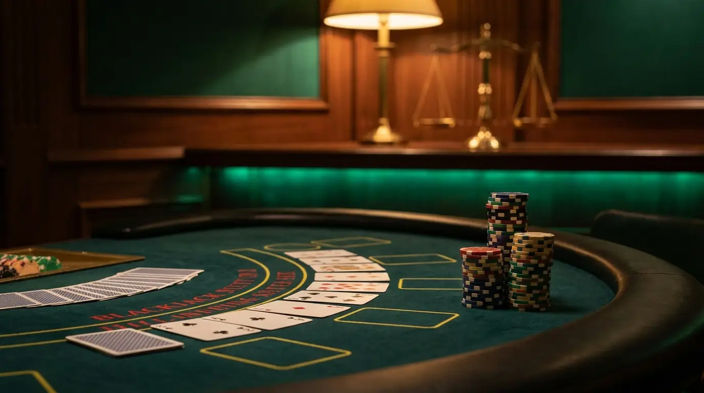 Blackjack table with cards, chips and scales of justice
