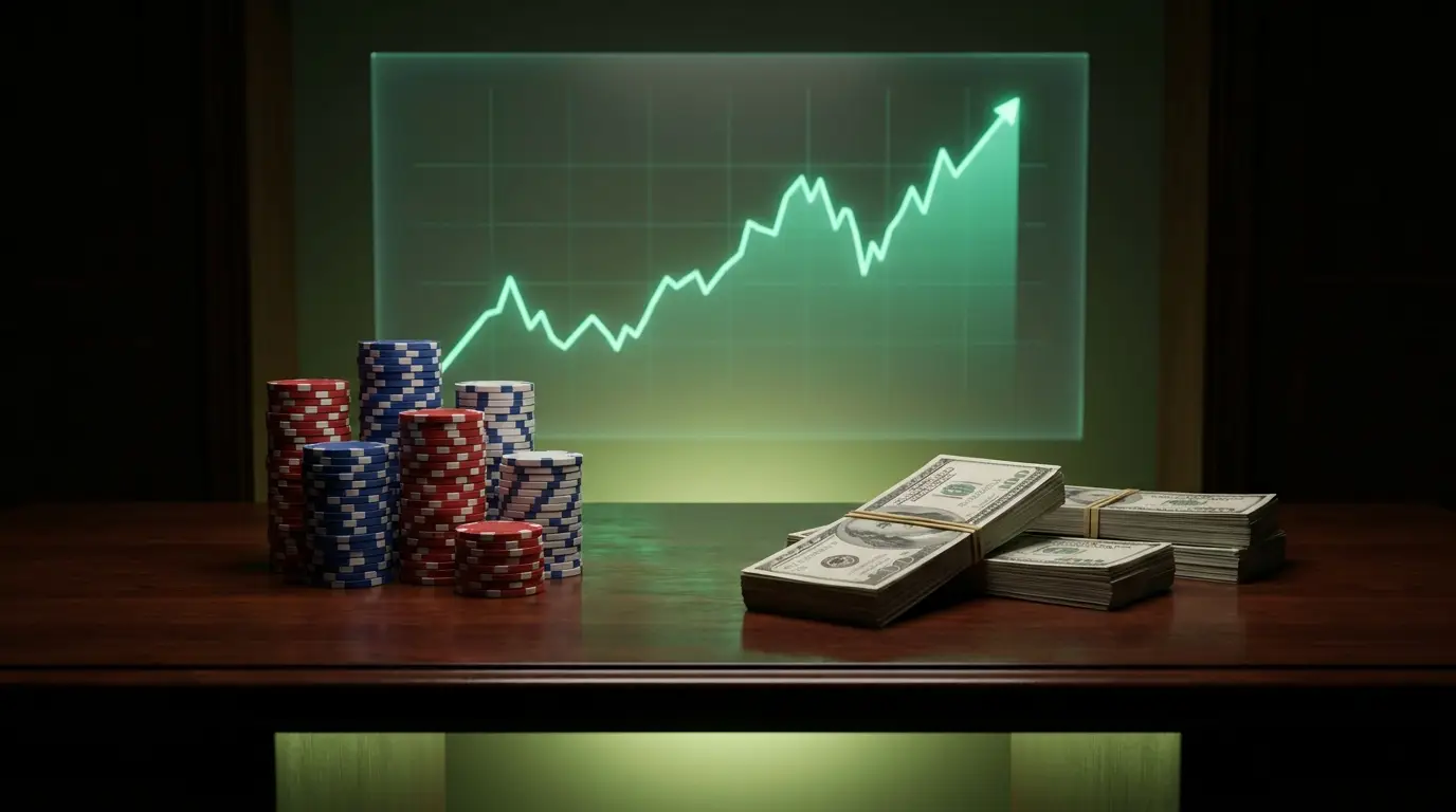 Organized casino chips and cash beside a rising chart