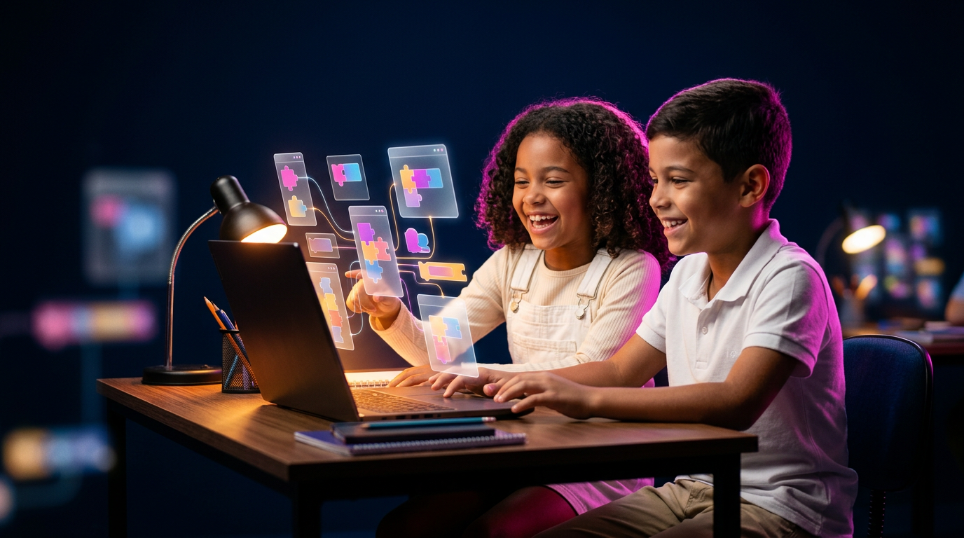 Alunos programando em blocos com hologramas — aula de robótica