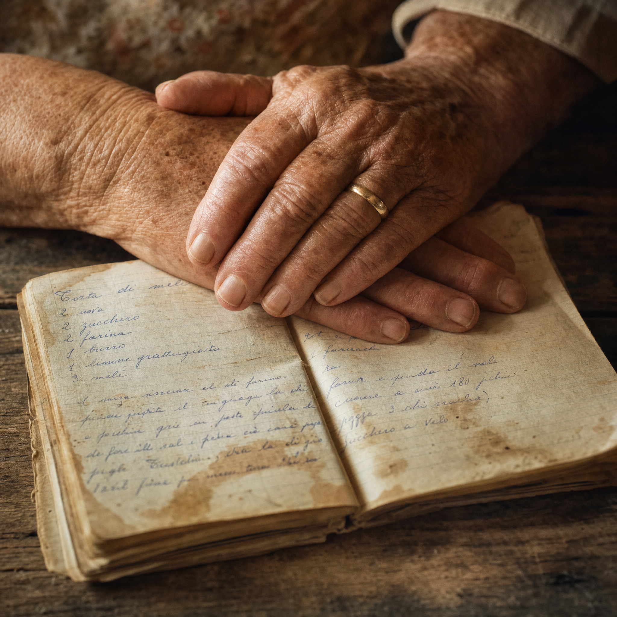 Manos de mujer mayor sobre un cuaderno manuscrito viejo