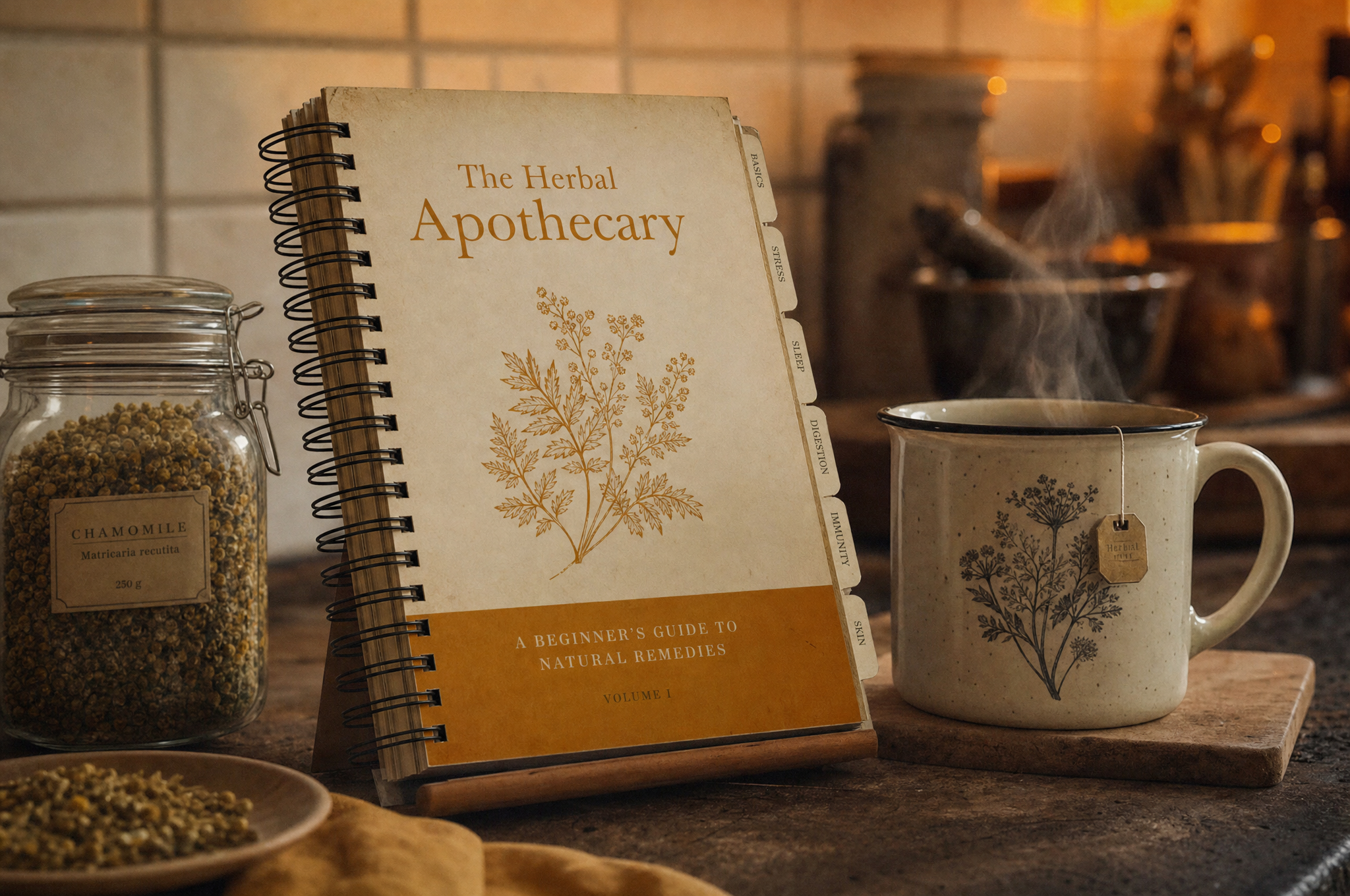 Libro impreso y anillado sobre mesa de cocina junto a un frasco de hierbas