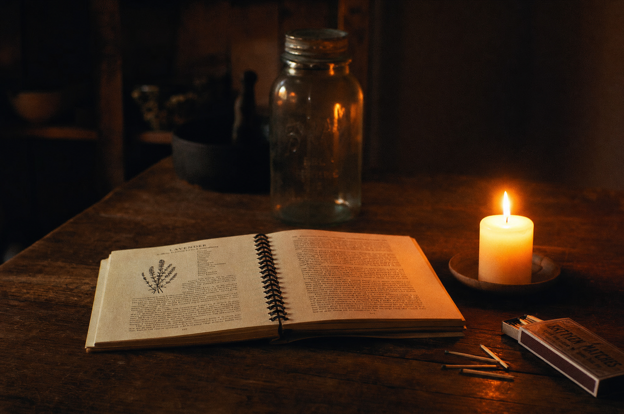 Libro impreso y anillado sobre una mesa de cocina a la luz de una vela