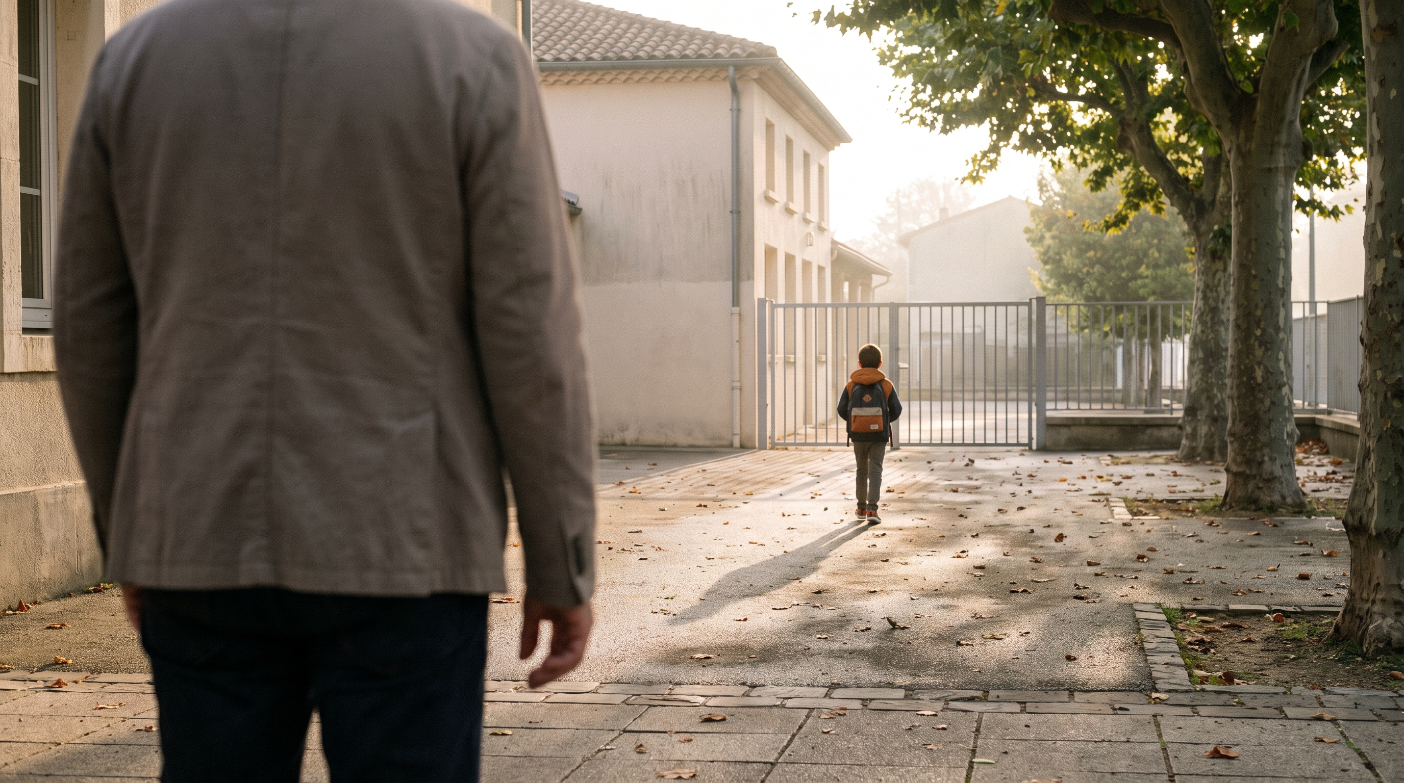 Un parent de dos regarde son enfant s'éloigner vers le portail d'une école, un matin de septembre