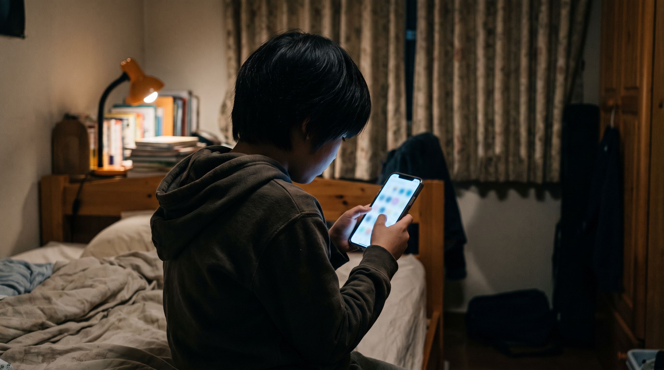 Un enfant de dos, assis sur un lit dans une chambre sombre, consulte un téléphone dont l'écran éclaire ses mains