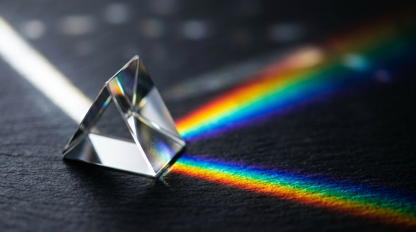 A crystal glass prism refracting white light into a vivid spectrum of colour across a dark surface